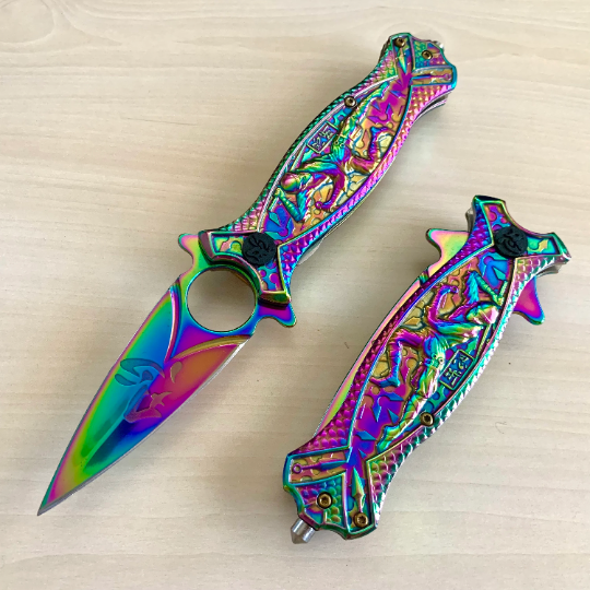 Master Collection 8.5” Rainbow Ninja Cute Knife Spring Assisted Open Blade Folding Pocket Knife