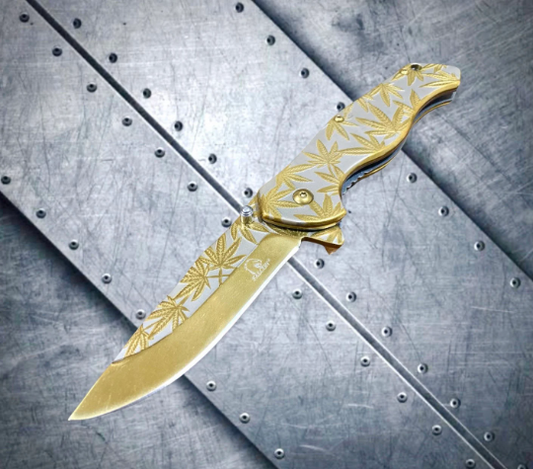 Falcon Knife 8” Gold Leaf Engraved Tactical Assisted Folding Pocket Knife. Camping, Hunting