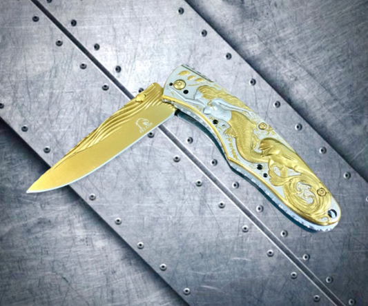 Falcon Knife Mermaid Knife with Dolphin and Waves 3D Carve. Gold