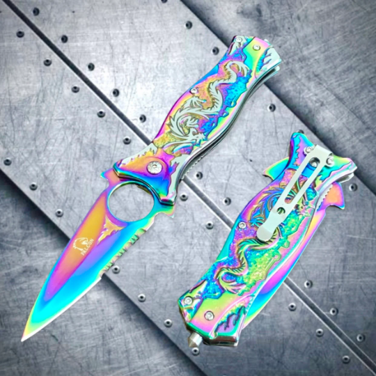 Falcon Knife Rainbow Dragon Sculptured Tactical Spring Assisted Open Blade Folding Pocket knife. Hunting, Camping, Survival Knife