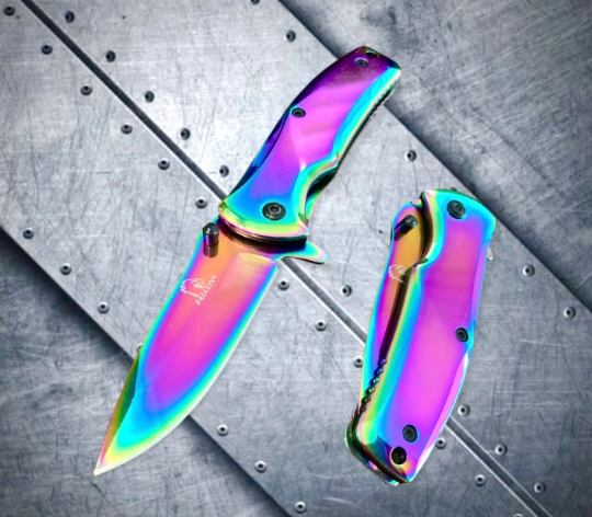 Falcon Knife Rainbow Titanium Small 6” Pocket Knife. Spring Assisted Open Folding Knife