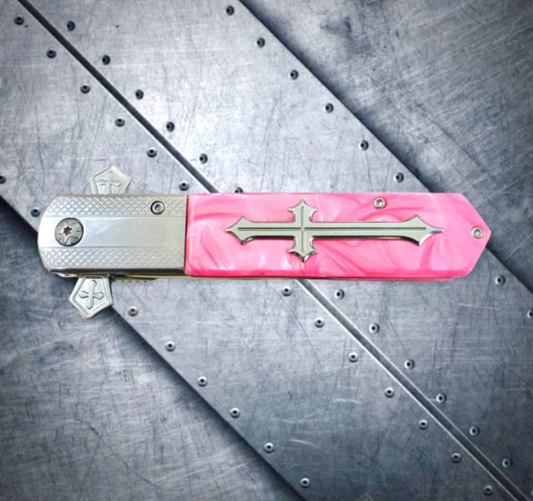 Falcon Knife Pink Cross 9” Stiletto Pocket Knife. Spring Assisted Open Folding Knife
