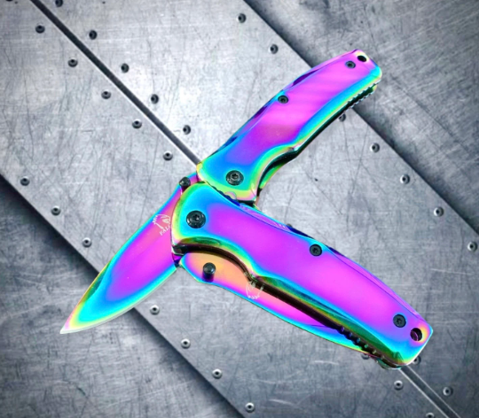 Falcon Knife Rainbow Titanium Small 6” Pocket Knife. Spring Assisted Open Folding Knife