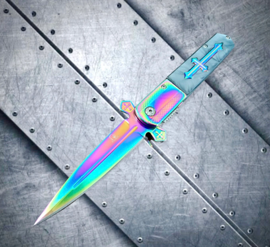 Falcon Knife Rainbow Cross 9” Stiletto Pocket Knife. Spring Assisted Open Folding Knife