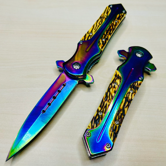 ElitEdge 8.25” Rainbow Cute Tactical Spring Assisted Open Blade Folding Pocket knife with Bone Handle