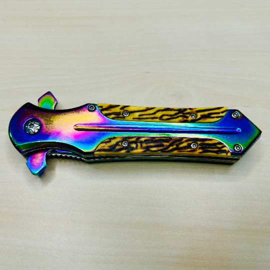 ElitEdge 8.25” Rainbow Cute Tactical Spring Assisted Open Blade Folding Pocket knife with Bone Handle