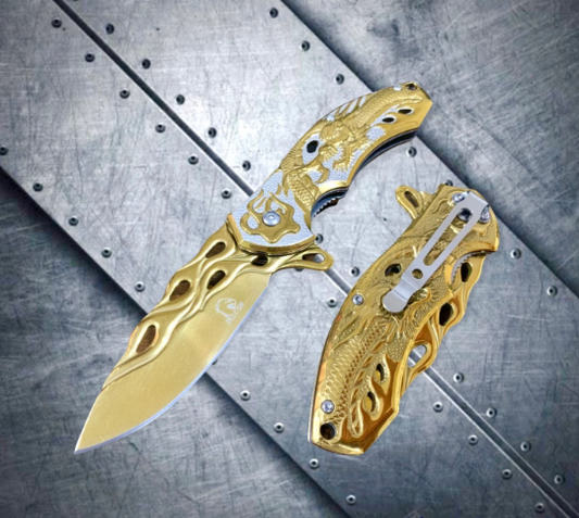 Falcon Knife Dragon Knife Gold Coated Sculpture 8” Tactical Spring Assisted Open EDC Blade Folding Pocket knife