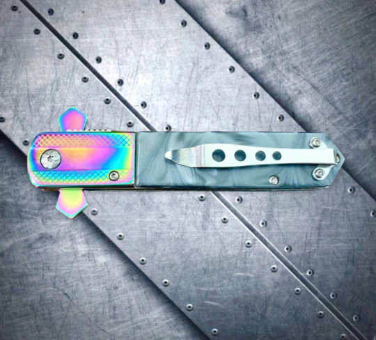 Falcon Knife Rainbow Cross 9” Stiletto Pocket Knife. Spring Assisted Open Folding Knife