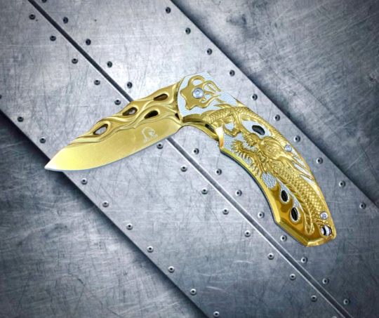 Falcon Knife Dragon Knife Gold Coated Sculpture 8” Tactical Spring Assisted Open EDC Blade Folding Pocket knife