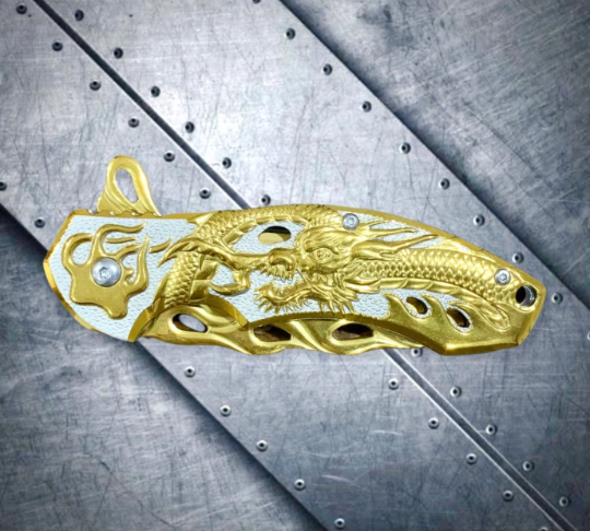 Falcon Knife Dragon Knife Gold Coated Sculpture 8” Tactical Spring Assisted Open EDC Blade Folding Pocket knife