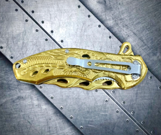 Falcon Knife Dragon Knife Gold Coated Sculpture 8” Tactical Spring Assisted Open EDC Blade Folding Pocket knife