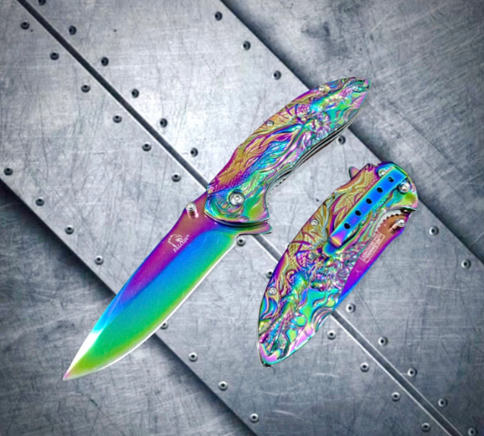 Falcon Knife 8” Rainbow Dragon Carving Metal Handle Spring Assisted Open Folding Knife