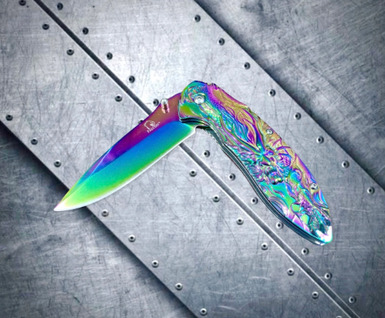 Falcon Knife 8” Rainbow Dragon Carving Metal Handle Spring Assisted Open Folding Knife