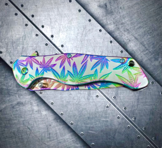 Falcon Knife 8” Rainbow Leaf Engraved Tactical Assisted Folding Pocket Knife. Camping, Hunting