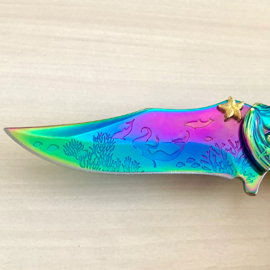 MTech 8.75” Cute Rainbow Mermaid Knife Assisted Folding Pocket Knife with Gold Starfish and Sea Horse