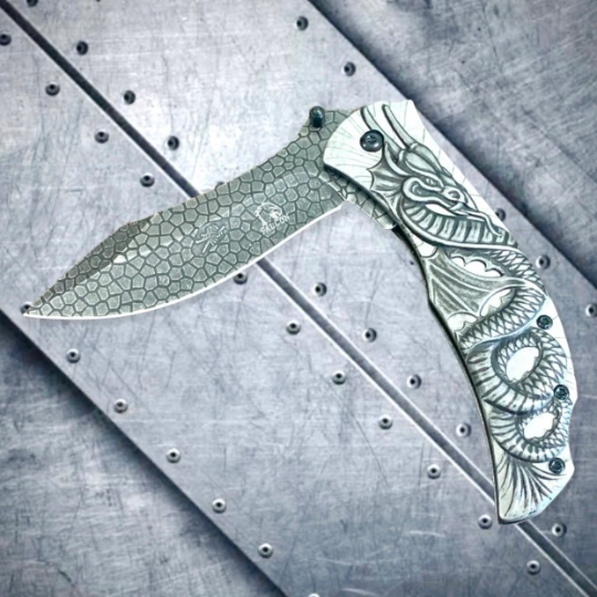 Falcon Knife Stonewashed Fantasy Sculpt 3D Dragon Tactical Spring Assisted Folding Pocket Knife