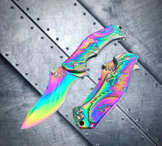 Falcon Knife Rainbow Dragon 3D Sculpture Tactical Spring Assisted Folding Pocket Knife