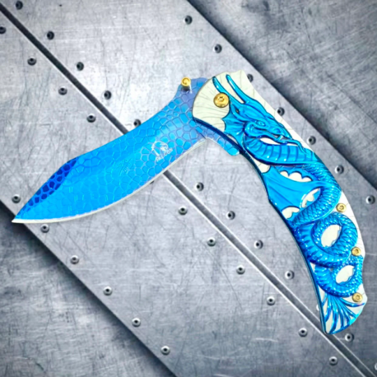 Falcon Knife Blue Fantasy Sculpt 3D Dragon Tactical Spring Assisted Folding Pocket Knife