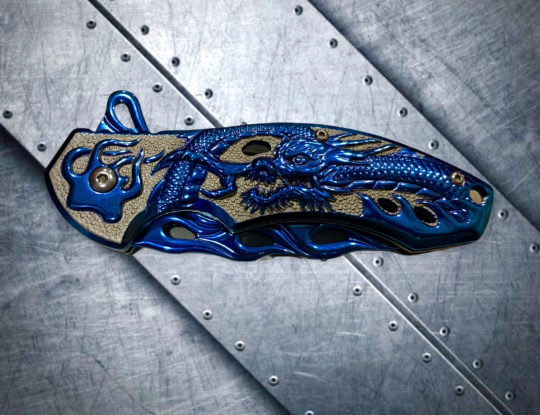 Falcon Knife Dragon Knife Blue Coated Sculpture 8” Tactical Spring Assisted Open EDC Blade Folding Pocket knife