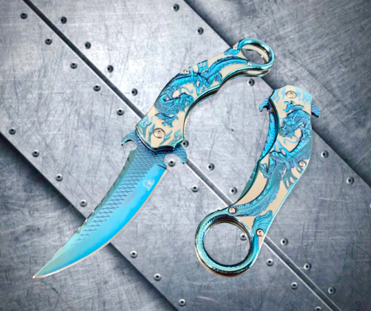 Falcon Knife Blue Dragon Sculpture 9” Karambit Tactical Spring Assisted Folding Pocket Knife