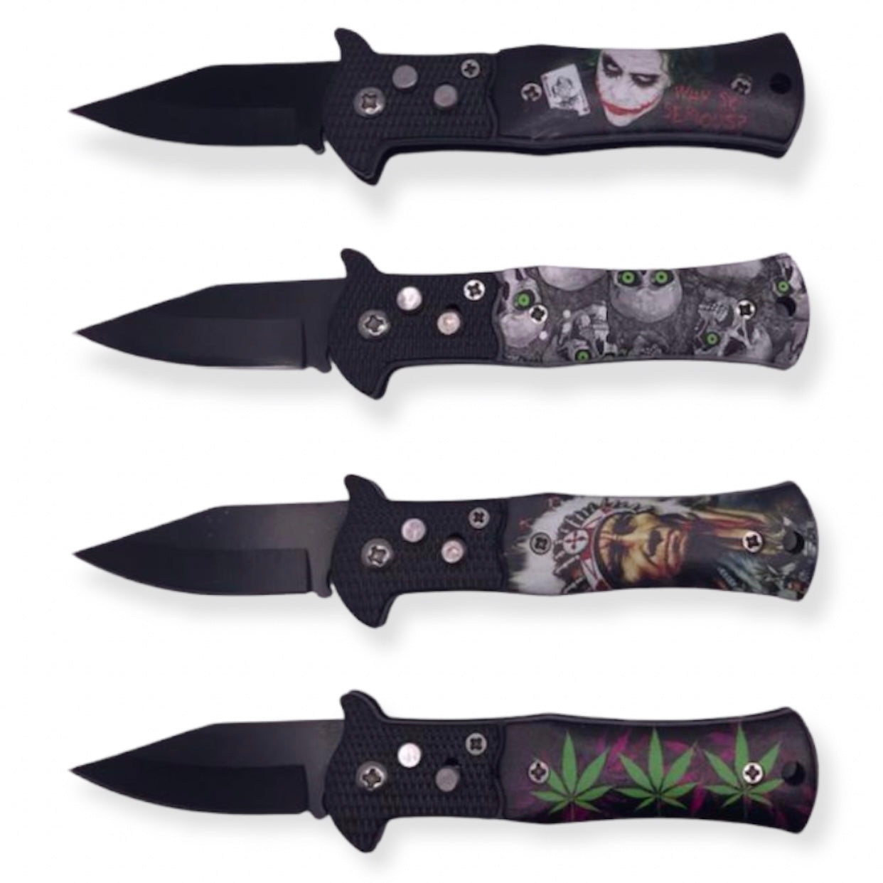 Super Knife Mini Automatic Stiletto Knife Set. Joker/Skull/Indian/Leaf 12pcs Mix