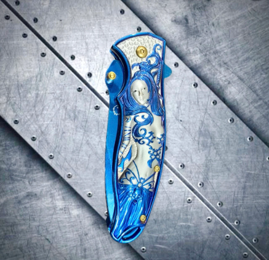 Falcon Knife 8.5" Blue Goddess Mermaid Engraved Tactical Assisted Folding Pocket Knife