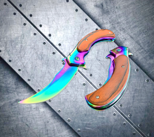 Falcon Knife Rainbow Wooden Karambit Tactical Spring Assisted Folding Pocket Knife