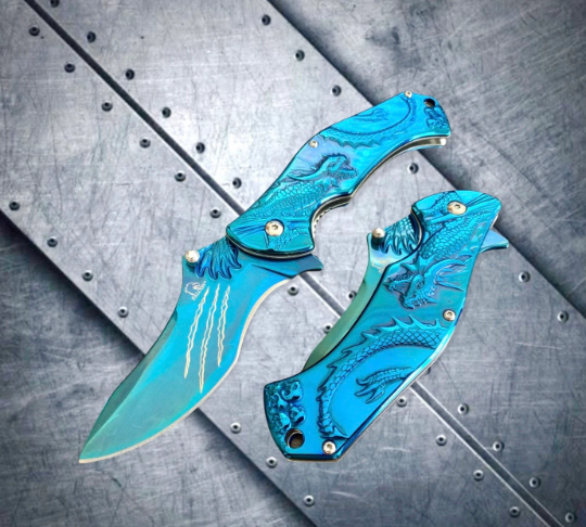 Falcon Knife Blue Dragon 3D Sculpture Tactical Spring Assisted Folding Pocket Knife