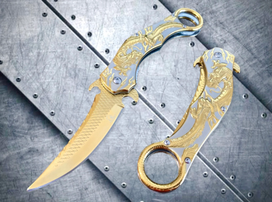 Falcon Knife Gold Dragon Sculpture 9” Karambit Tactical Spring Assisted Folding Pocket Knife