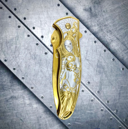 Falcon Knife 8.5" Gold Goddess Mermaid Engraved Tactical Assisted Folding Pocket Knife.