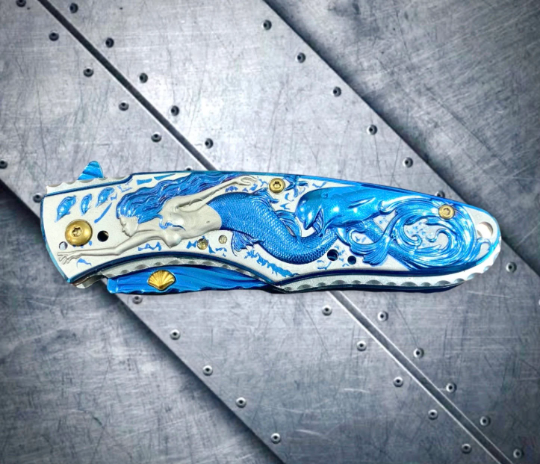 Falcon Knife Mermaid Knife with Dolphin and Waves 3D Carve. Blue