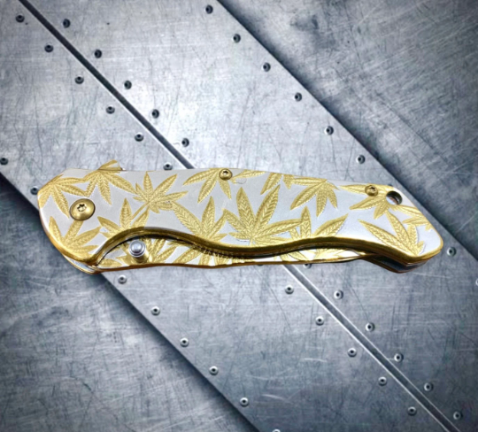 Falcon Knife 8” Gold Leaf Engraved Tactical Assisted Folding Pocket Knife. Camping, Hunting