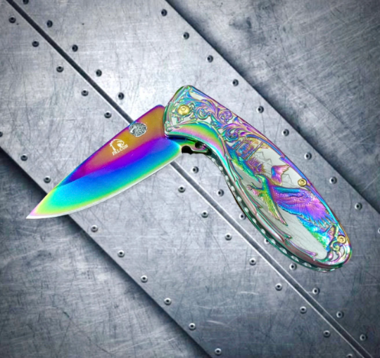 Falcon Knife Rainbow Eagle Engraved 8” Tactical Spring Assisted Folding Pocket knife