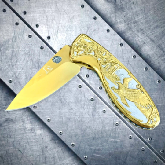 Falcon Knife Gold Eagle Engraved 8” Tactical Spring Assisted Folding Pocket knife