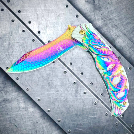 Falcon Knife Rainbow Fantasy Sculpt 3D Dragon Tactical Spring Assisted Folding Pocket Knife