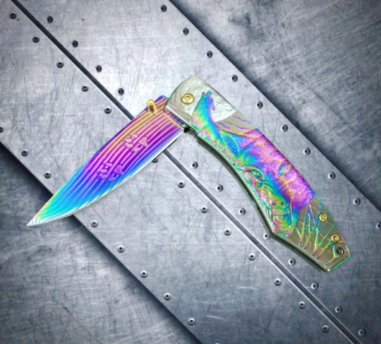 Falcon Knife Rainbow Wolf Engraved 8.5” Tactical Spring Assisted Folding Pocket knife