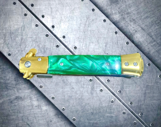 Falcon Knife Golden Green Italian Milano Stiletto Spring Assisted Folding Pocket Knife