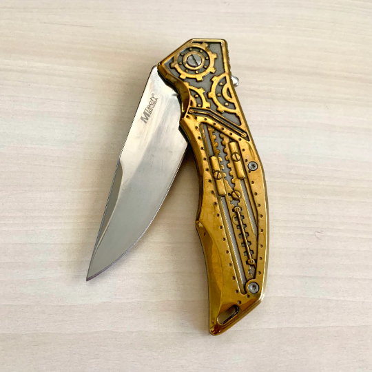 MTech 9” Gold Steampunk Cool Knife Assisted Folding Pocket Knife with Gear Design Handle