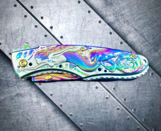 Falcon Knife Mermaid Knife with Dolphin and Waves 3D Carve. Rainbow