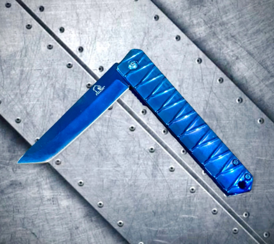 Falcon Knife Blue Mini Folding Katana Spring Assisted Open Blade EDC Folding Stiletto Pocket Knife