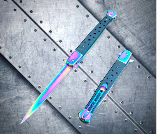 Falcon Knife Extra Large Rainbow Italian Milano Spring Assisted Folding Stiletto Pocket Knife