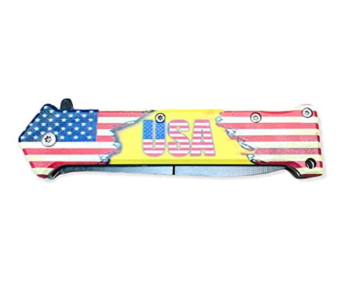 8" USA Flag Joker Pocket Knife, Spring Assisted Open, Camping, Hunting Tools