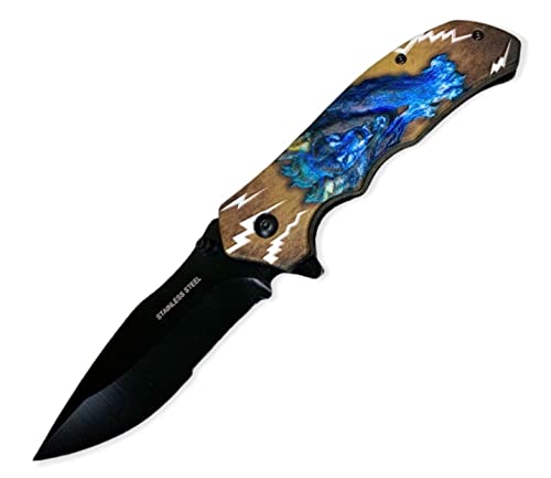 8" Blue Thunder Wolf 3D Print Pocket Folding Knife