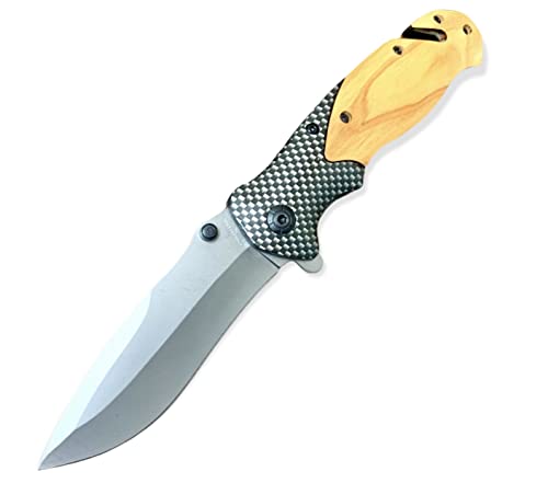 Super Knife Wooden Pocket Folding Knife, Carbon Fiber, 8 in Overall, 3.5 in Stainless Steel Blade, Pocket Clip, Frame Lock, Outdoor Accessories