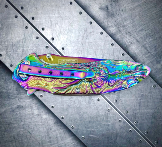 Falcon Knife 8” Rainbow Dragon Carving Metal Handle Spring Assisted Open Folding Knife