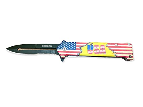 8" USA Flag Joker Pocket Knife, Spring Assisted Open, Camping, Hunting Tools