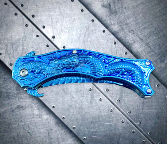 Falcon Knife 8” Collectible Knife Blue 3D Dragon Ball Carve. Karambit Knife