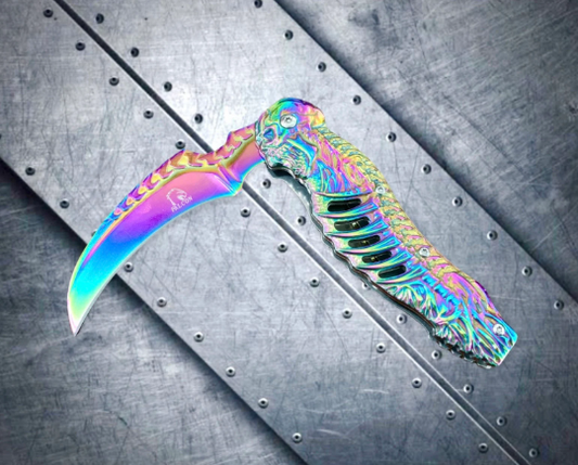 Rainbow Skull Sculpt 8.5” Spring Assisted Folding Pocket Knife EDC Sharp Blade