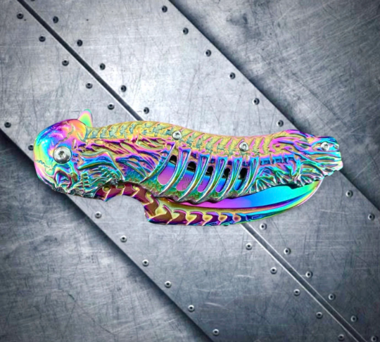 Rainbow Skull Sculpt 8.5” Spring Assisted Folding Pocket Knife EDC Sharp Blade