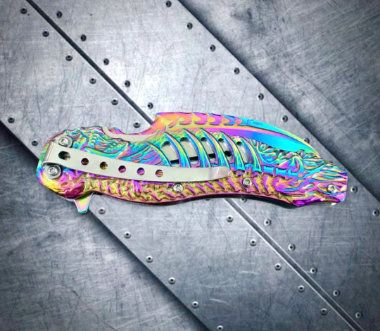 Rainbow Skull Sculpt 8.5” Spring Assisted Folding Pocket Knife EDC Sharp Blade